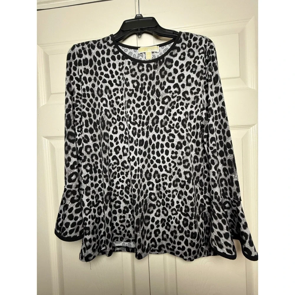 Michael Kors Womens Grey Leopard Print Bell Sleeve Crew Neck Blouse Top Large‎